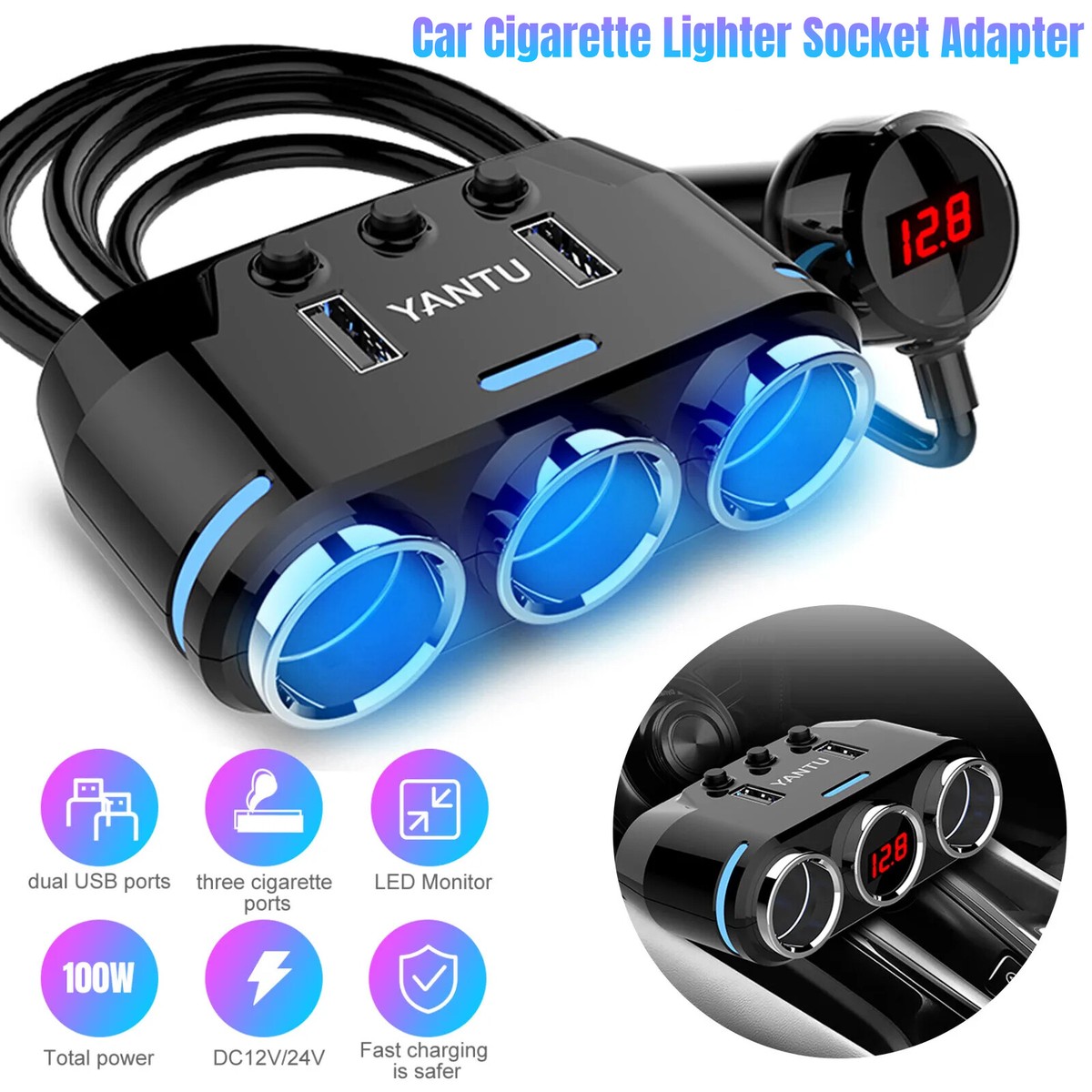 multi port cigarette lighter adapter 3 Way Multi Car Cigarette Lighter Socket Extension Splitter USB Charger DC  12V