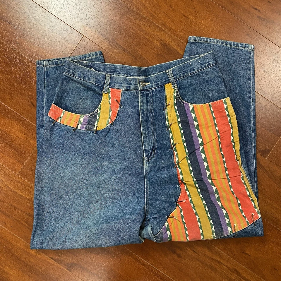 Pantalones de mezclilla para mujer I Love Zana Di de los 90 con retazos de cuero y puntada talla 34x30 Foto 2 de 4