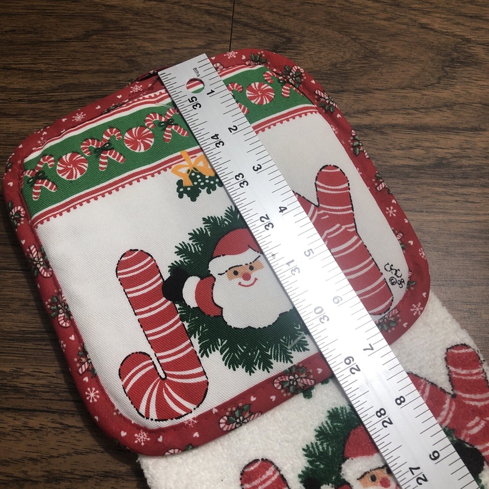 Vintage 80s Christmas Kitchen Towel Pot Holder Set Santa Wreath JOY