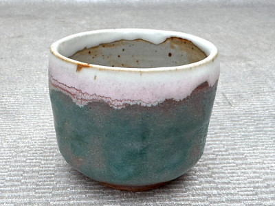 M BELKIN? ILLEGIBLE SIGNED SMALL EXOTIC DRIP GLAZE POTTERY VASE CELADON WHITE