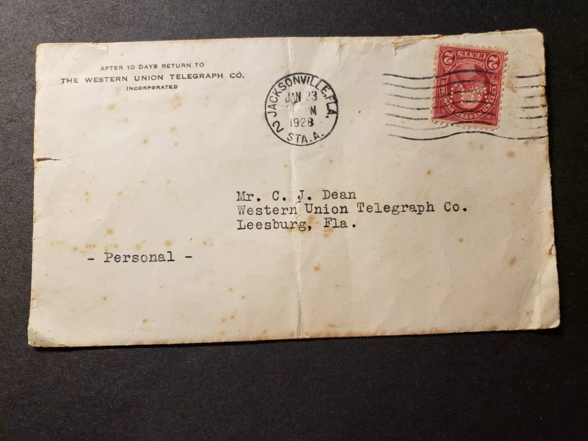 WESTERN UNION TELEGRAPH Co, JACKSONVILLE, FL 1928 Postal Cover w/ perfin  stamp