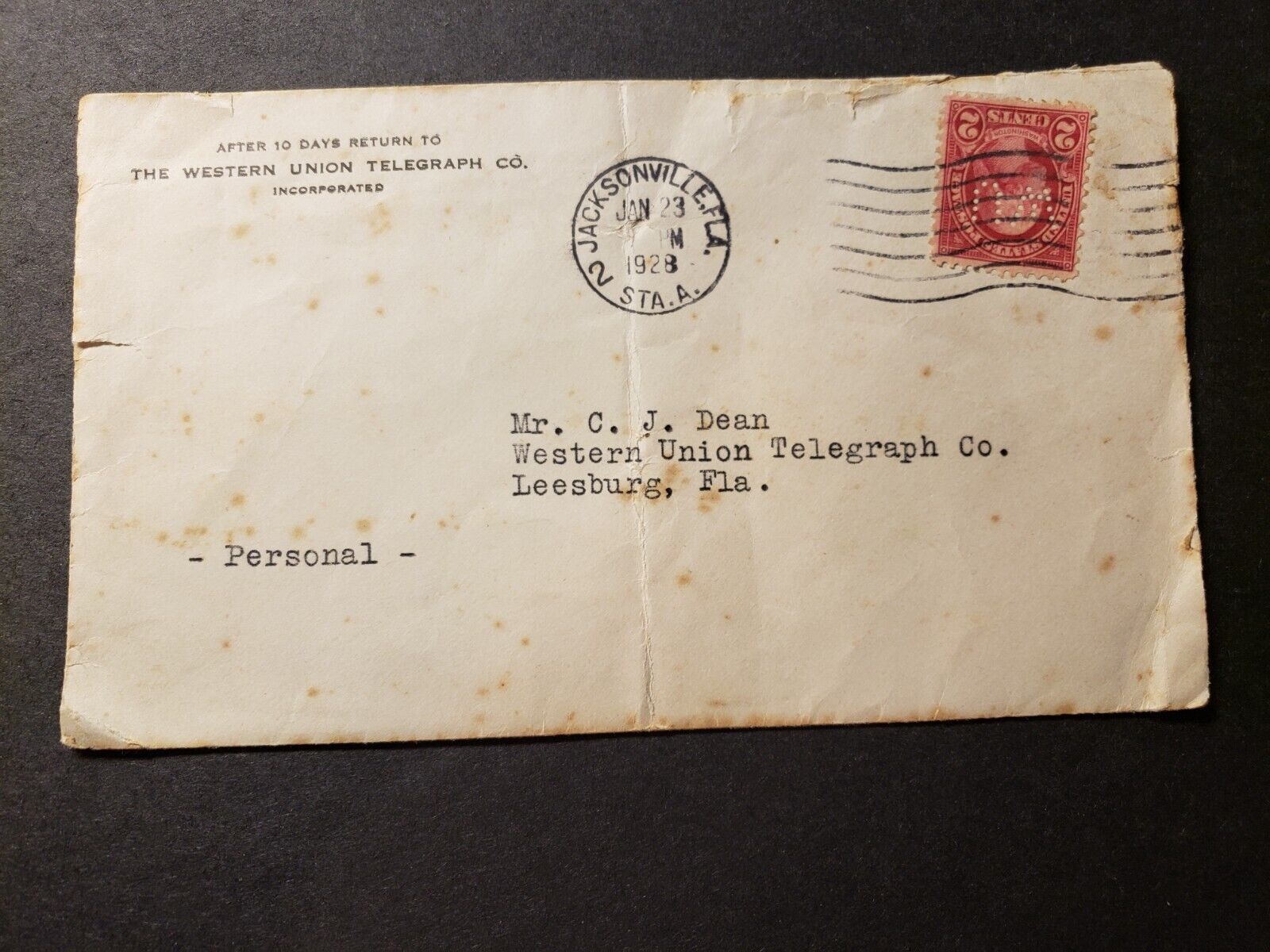 WESTERN UNION TELEGRAPH Co, JACKSONVILLE, FL 1928 Postal Cover w/ perfin  stamp