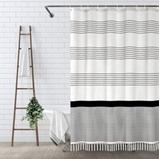 Striped Tassel Shower Curtain Black and White 72 x 72 Inches Farmhouse Style
