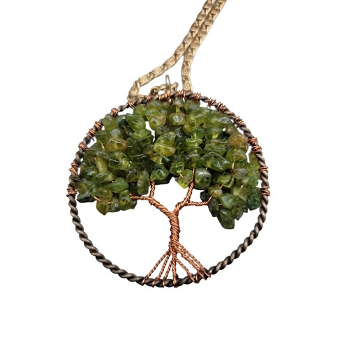 Peridot Tree of Life Pendant Necklace Copper Wrap Gold Plated Circle 30" Chain - Picture 5 of 7