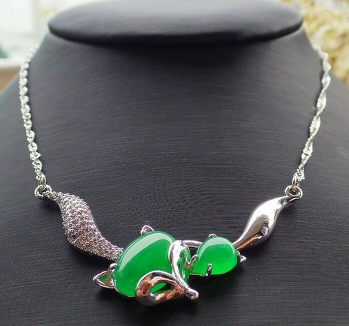 Genuine Green Jade Cabochon Drop 18KGP Cubic Zirconia Fox Mother-child Necklace - Picture 4 of 6