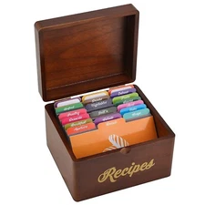 Wooden Recipe Kitchen Cooking Box with 100 Cards 4x6  25 dividers gift for Mom