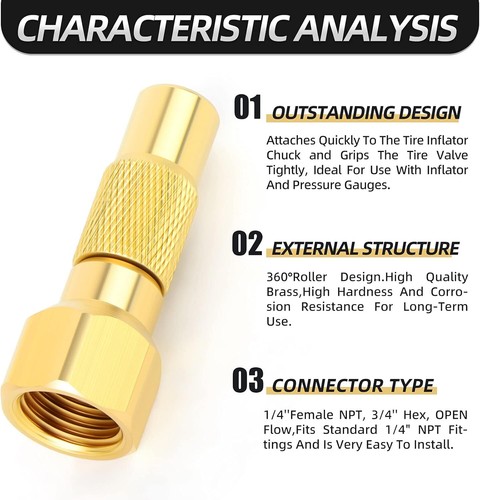 Tire Air Chuck1/4'' FNPT Heavy Duty Screw on Brass Tire Air Chuck for Tire In... - Picture 2 of 3