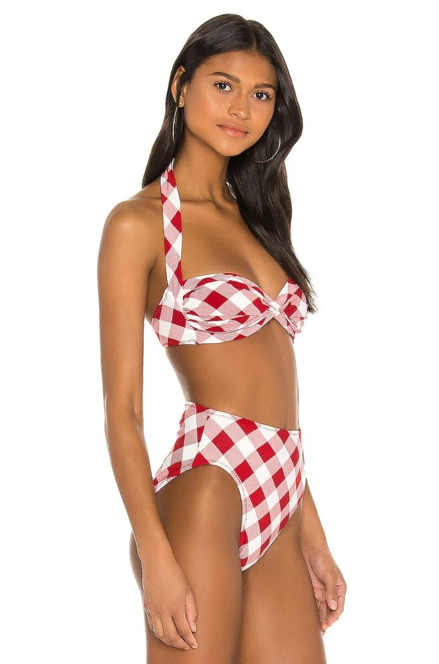 Conjunto de bikini Norma Kamali rojo a cuadros TOP & BOTTOM halter cintura alta Bill Bra XXS Foto 3 de 4