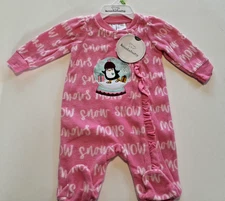 Koala Baby Girls 0/3M Pink Footed Sleeper Snow Print Penguin Snow Globe NWT