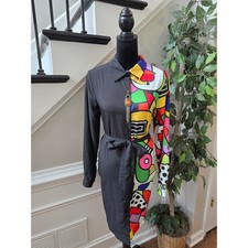 Shirt Dress L Multi Contrast Geometric Tie Waist Collared Curved Hem Button-Up