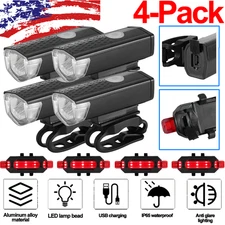 4-Pack USB Rechargeable LED Bicycle Headlight Front Rear Light Cycling Lamp Set