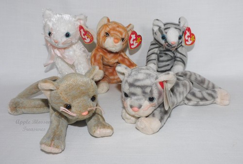 TY BEANIE BABIES-LOT OF 5 CATS W/TAGS-AMBER, FANCY, PRANCE, SCAT, SILVER-RETIRED