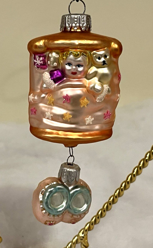 Antique Blown Glass Baby in Crib with Dangling Booties Xmas  Ornament Germany