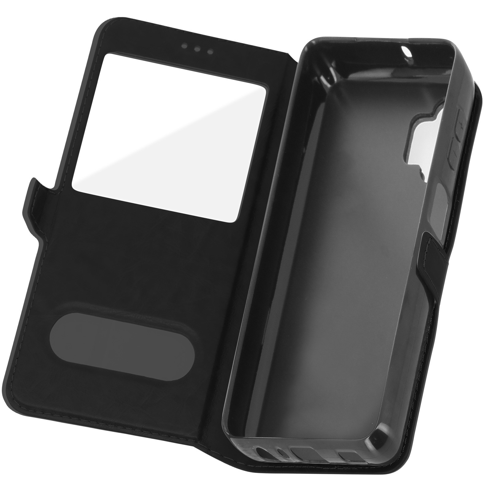 Coque Galaxy A32 5G double fenêtre avec support vidéo intégré pour visionnage mains libres noir