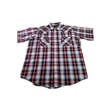 Plains Western Pearl Snap Shirt Men L Red White Blue Plaid Work Short Sleeve