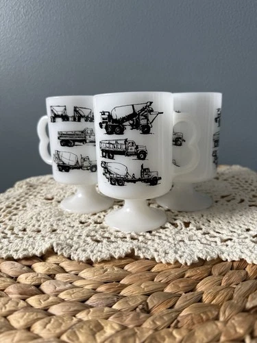 Lot Of 4 VTG Milk Glass Footed Mugs Construction Design USA marked - B Handle
