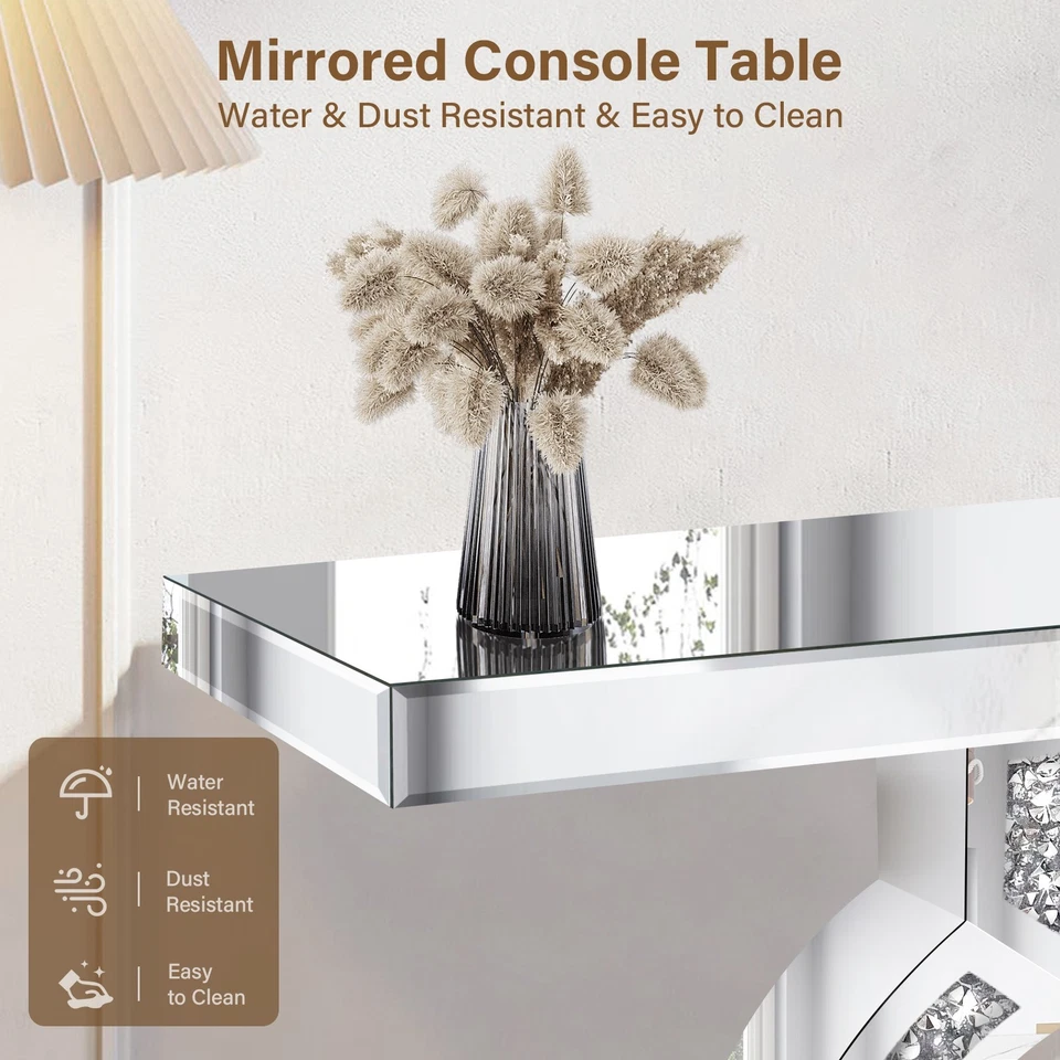 Mesa consola plateada espejada de 39,4"" de largo con incrustación de diamante triturado Foto 4 de 4