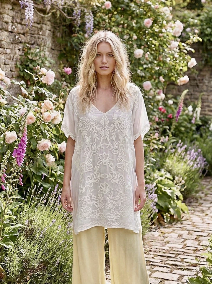 Camisa túnica top blusa Johnny Was 2X Plus blanca manga gorra bordada genial DEFECTUOSA Foto 4 de 4