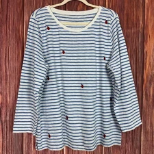 Talbots Womens Apple Embroidered Stripe Long Sleeve Tee  Blue White Size XL 