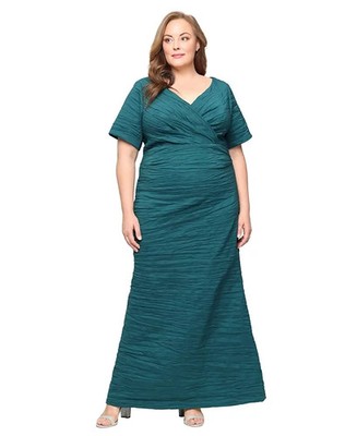 Alex Evenings Plus Size Long Crinkle Stretch Taffeta Dress Emerald Green 18W New