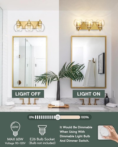 Bathroom Light Fixtures, 3-Light Brushed Gold Vanity Light, Modern Wall - Picture 6 of 6