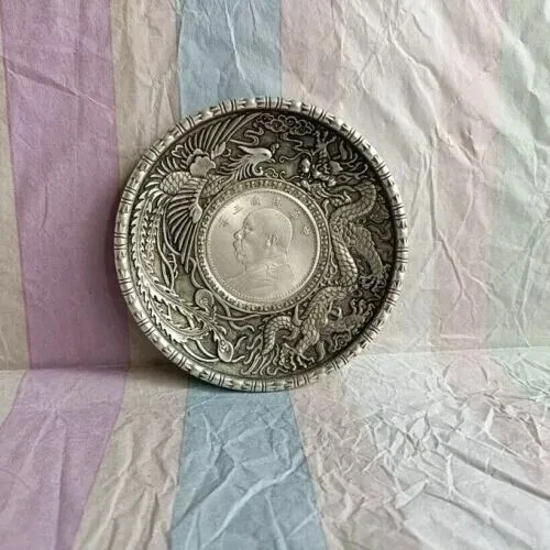 Exquisito Plato Antiguo Chino Tíbet Plata Tallado a Mano Dragón Fénix Foto 3 de 4