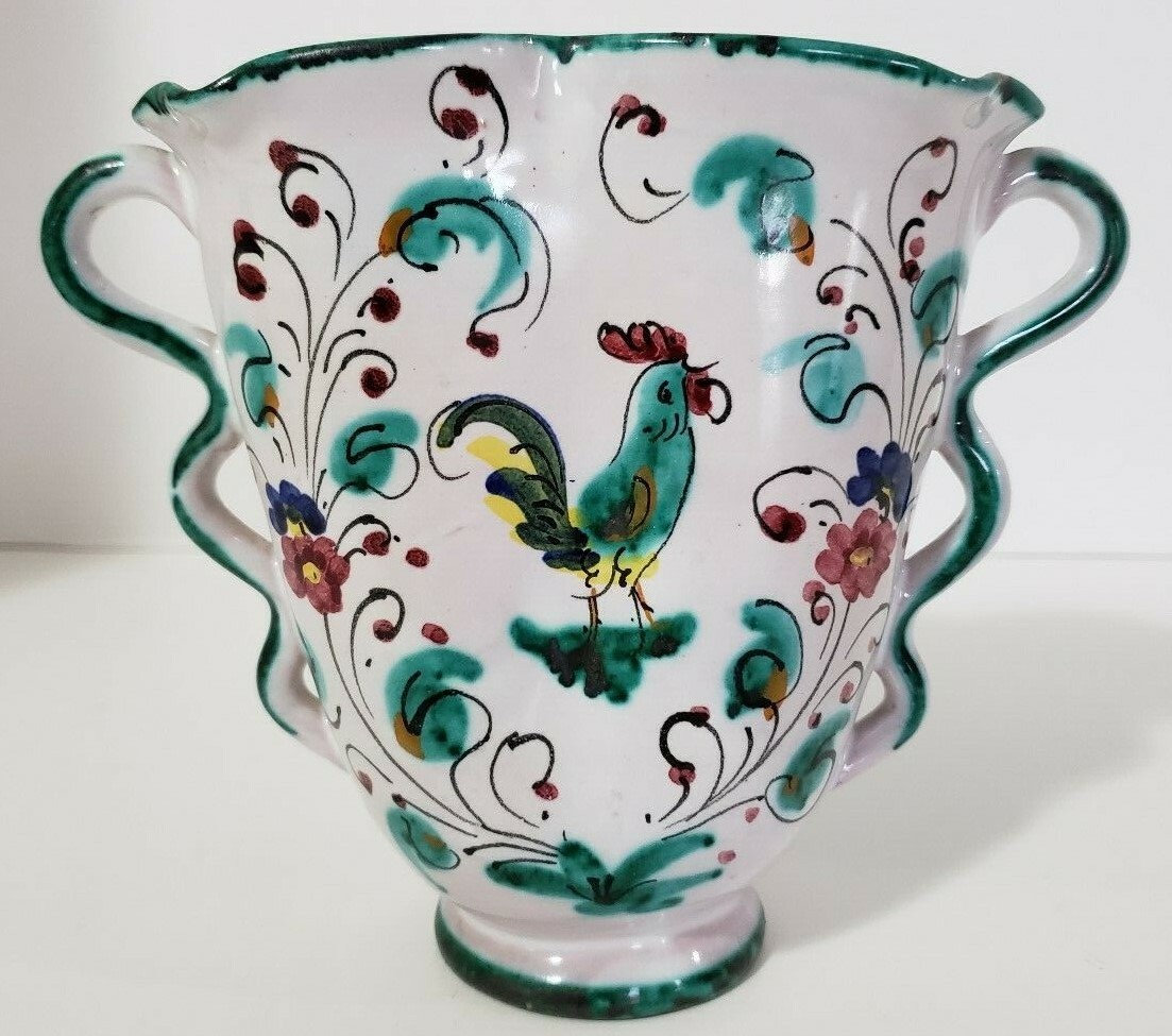 Vintage Vase Italy Rooster Italian Art Collectible Hand Painted