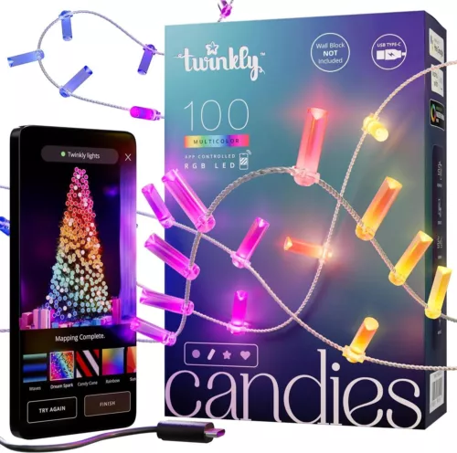 Twinkly Candies candel Shaped 100 RGB LED Smart Light String Clear Wire USB-C -