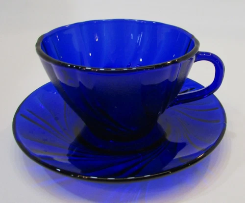 Vintage Arcoroc Cobalt Blue Swirl Textured Glass Teacup Tea Cup Luminarc France
