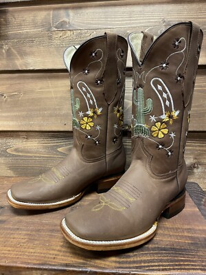 Women's Genuine Leather Western Cactus Square Toe Boots-7000R-0830