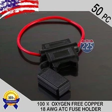 50 Pack 18 Gauge ATC In-Line Blade Fuse Holder 100% OFC Copper Wire Protection