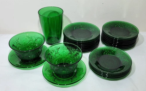 Vintage Anchor Hocking Green Glass Sandwich Dessert Cups Saucers 25 Pcs Lot