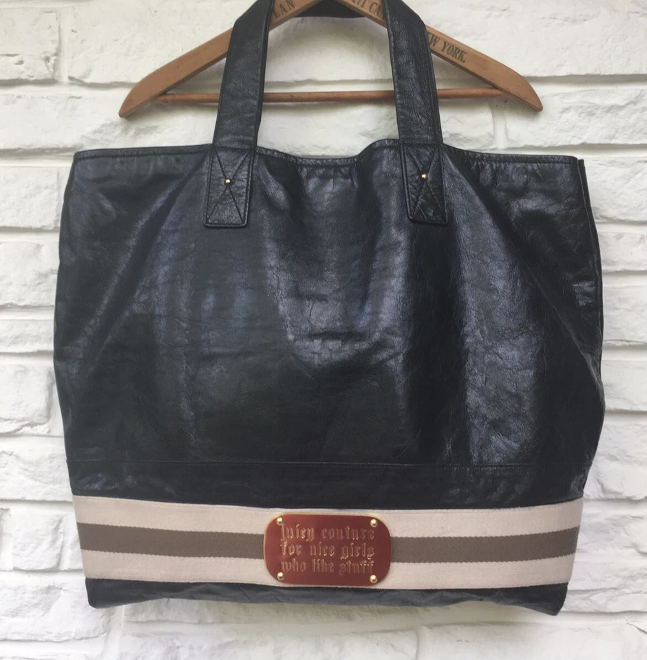 JUICY COUTURE Auth./Orig Black Leather Tote Racing Stripes Gold-tone Logo Plate - Imagem 4 de 4