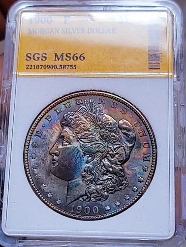 1900 P  $1 Morgan Silver Dollar - RAINBOW TONING SLABBED SGS MS++.