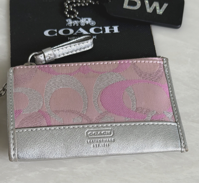 COACH PINK / SILVER SIGNATURE LUREX SMALL CARD CASE ZIP COIN PURSE