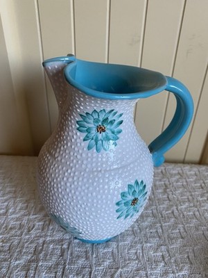 VTG Made In Italy Earthenware Pottery Textured Dotted Swiss Floral Pitcher Vase