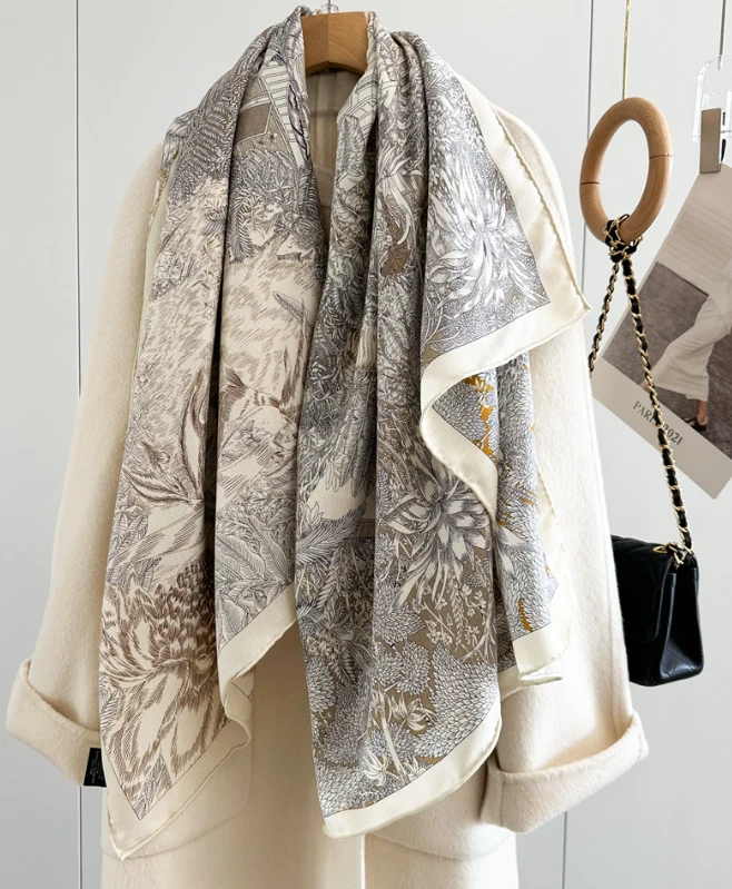 70% Cashmere 30% Silk Neckerchief Rainforest Print Scarf 53'' Shawl Bandana Wrap