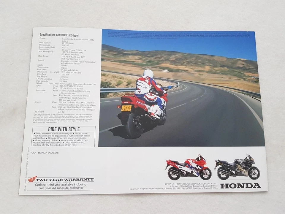 HONDA CBR1000F Motorcycle Sales Brochure OCT 1995 #6P-UK/D-10.95-E-CBR100F - Image 4 of 4