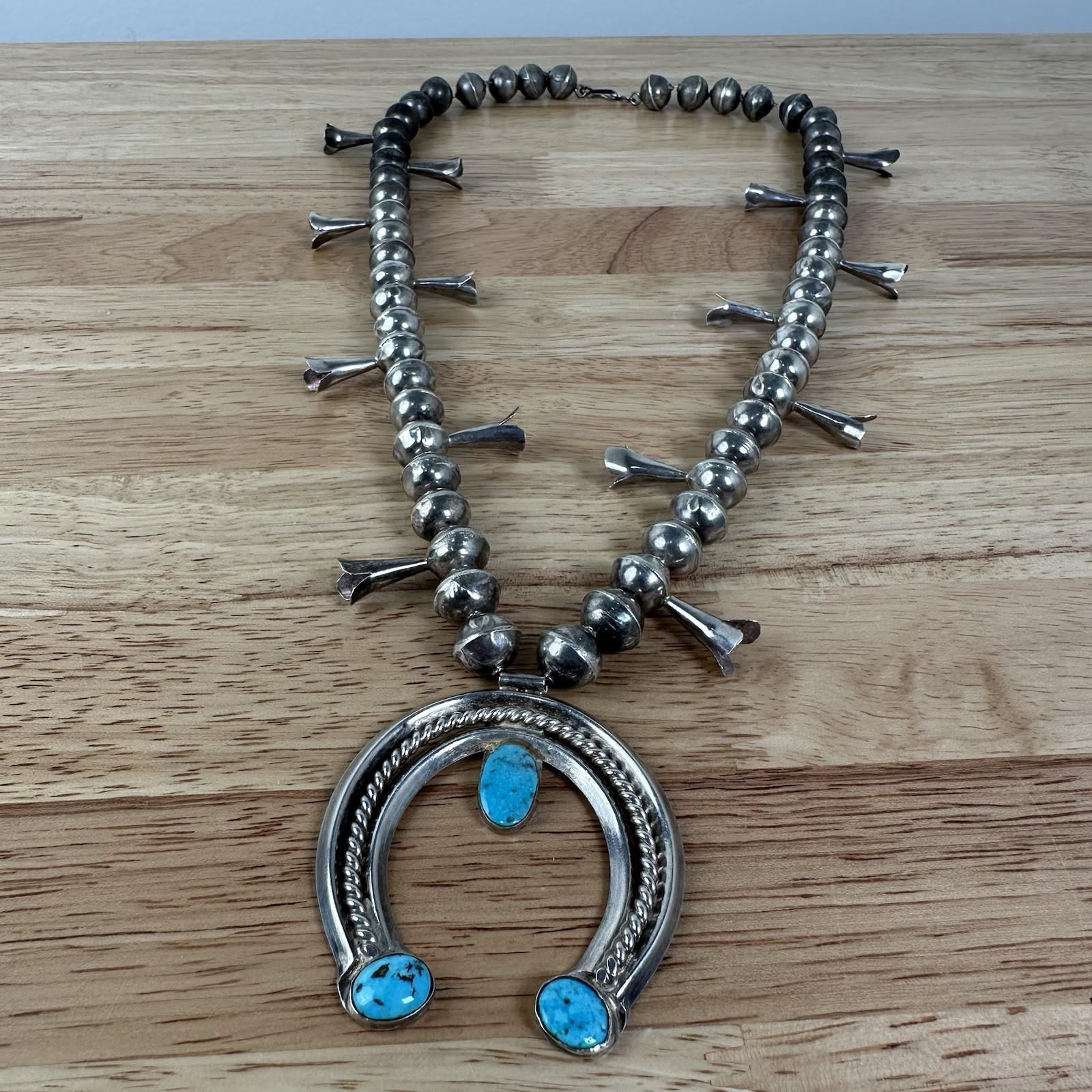 Antique Old Pawn Navajo Sterling Silver Turquoise Squash Blossom