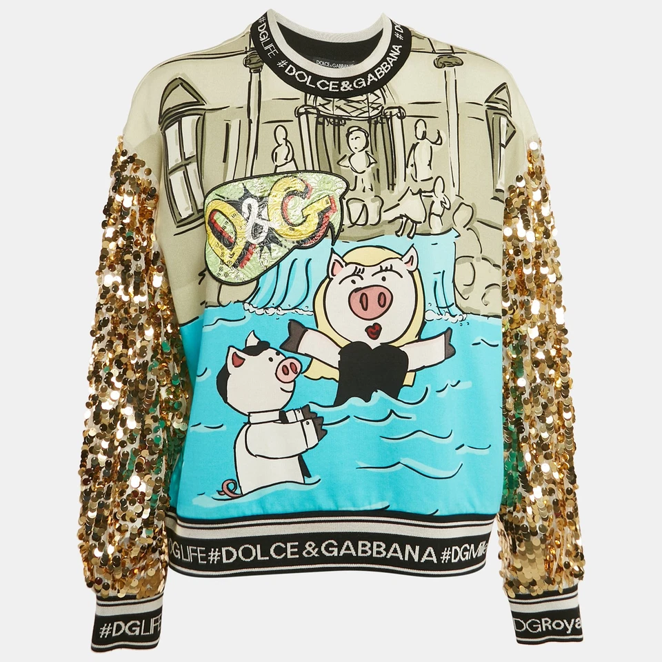 Dolce & Gabbana Green/Blue Year Of The Pig Print Cotton Sequin Sweatshirt S