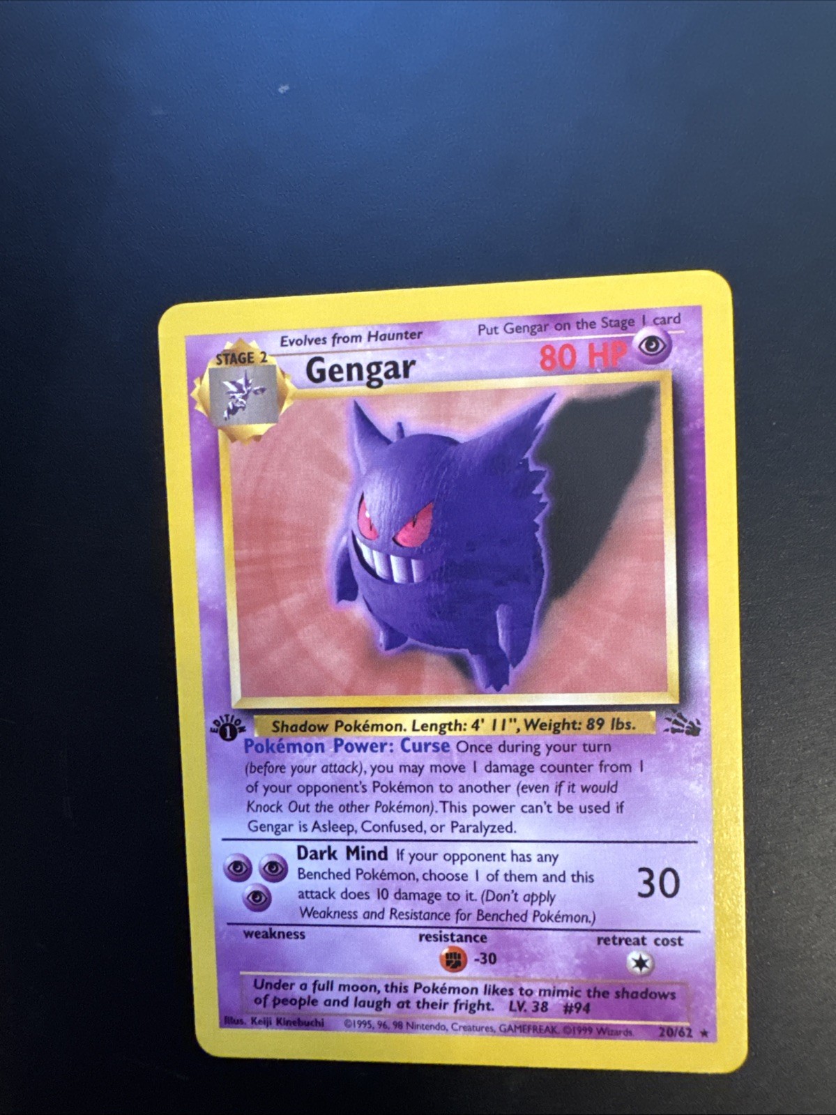 Pokémon Gengar TCG 20/62 Fossil 1st Edition Regular Rare Near Mint