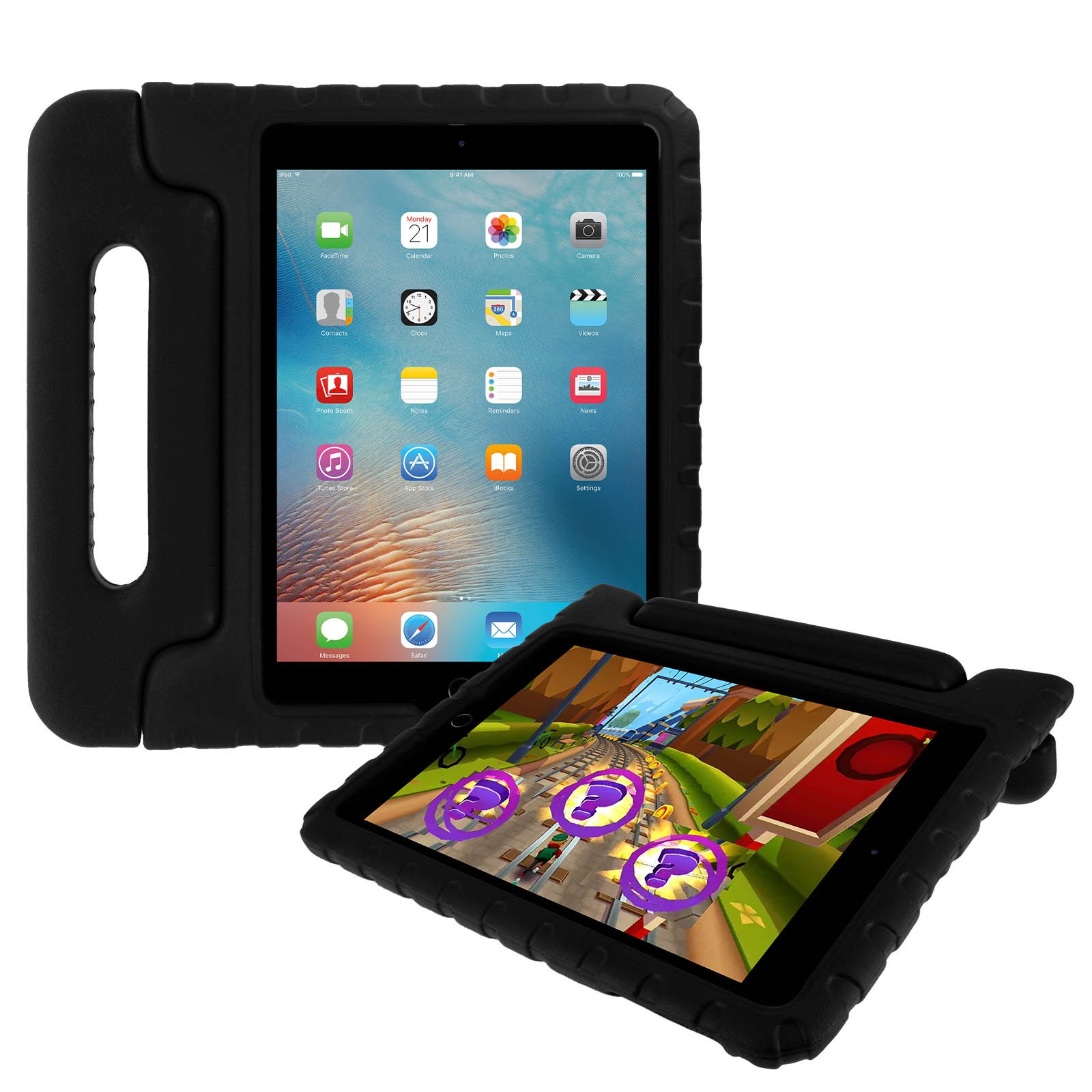Coque enfant iPad 5/6 noire incassable avec support de visionnage