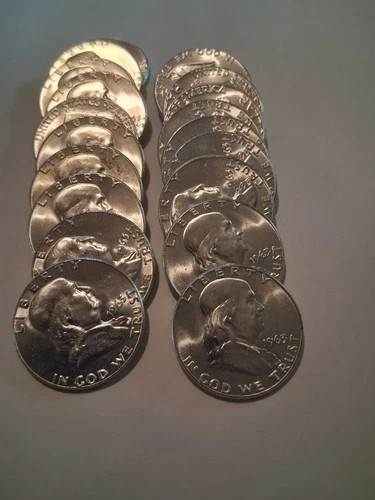 Tubed Roll of 20 GEM BU 1963P Franklin Silver Half Dollars (EE0001)