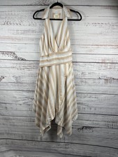 Maeve Dress Womens 10 Beige Striped Halter Fit Flare Asymmetrical Maxi Hem