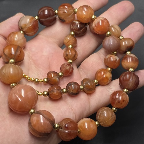 Vintage Himalayan Tibetan Carnelian Carved Agate Melon Shape Beads Necklace