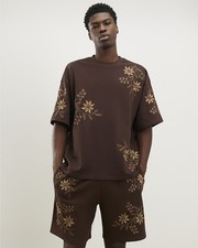 River Island Mens T-Shirt Brown Oversized Fit Floral Crew Neck T Shirt Tee Top