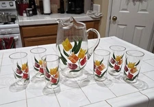 Vintage Glass Pitcher And 6 Drinking Glasses