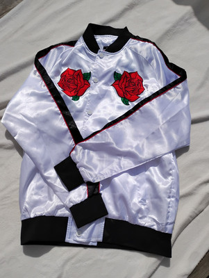 BKYS WHITE SATIN JACKET WITH EMBROIDERED RED ROSES URBAN COWBOY GLAM ROCK NWT