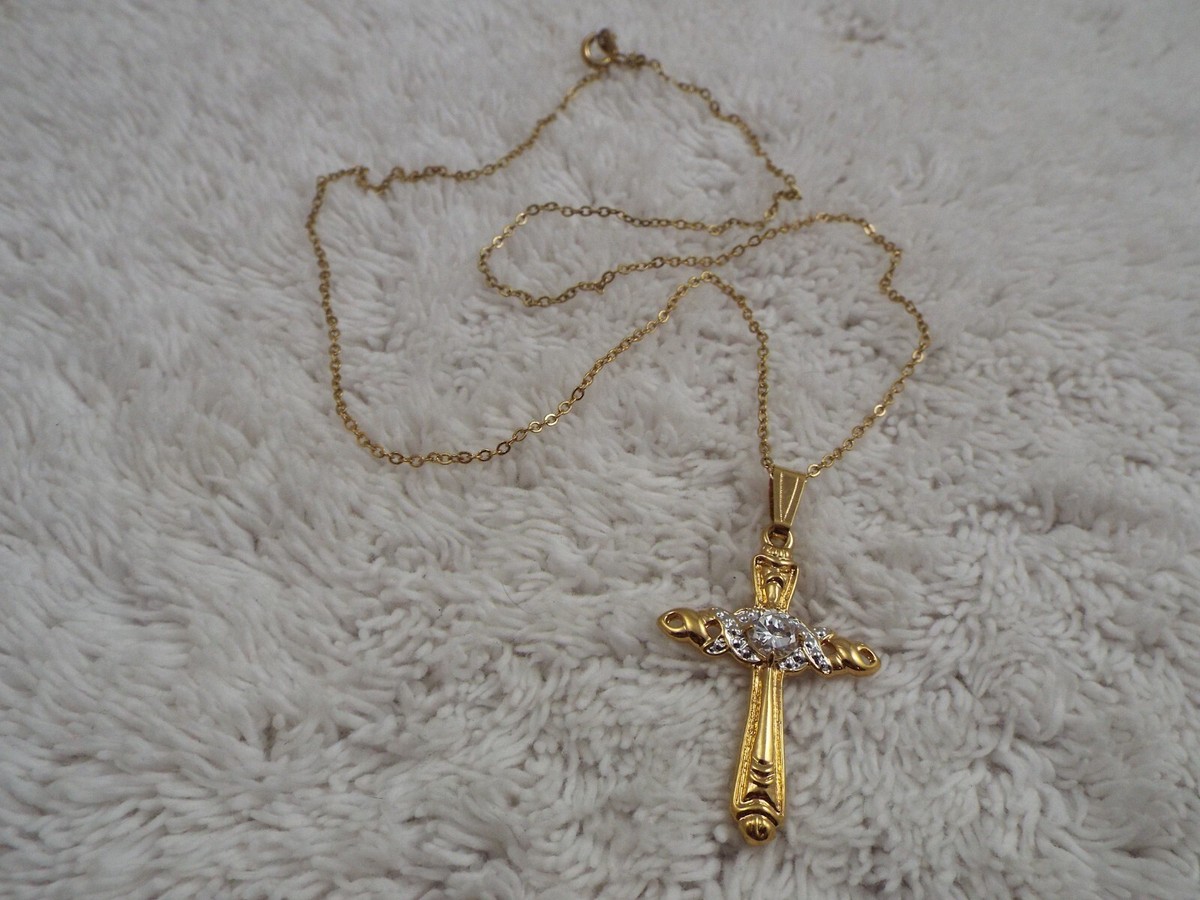 14K GE LIND Crystal Rhinestone Cross Pendant Necklace (A42