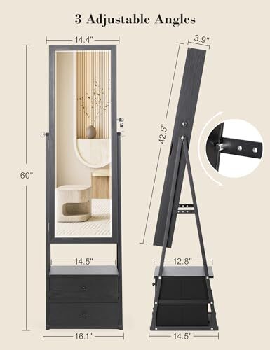 LED Mirror Jewelry Cabinet Standing, Lockable Jewelry Black with Drawers - Picture 5 of 6